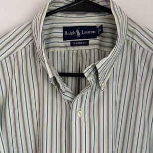 Ralph Lauren Classic Fit Mens XL Striped Button Up Short Sleeve Green Cotton
